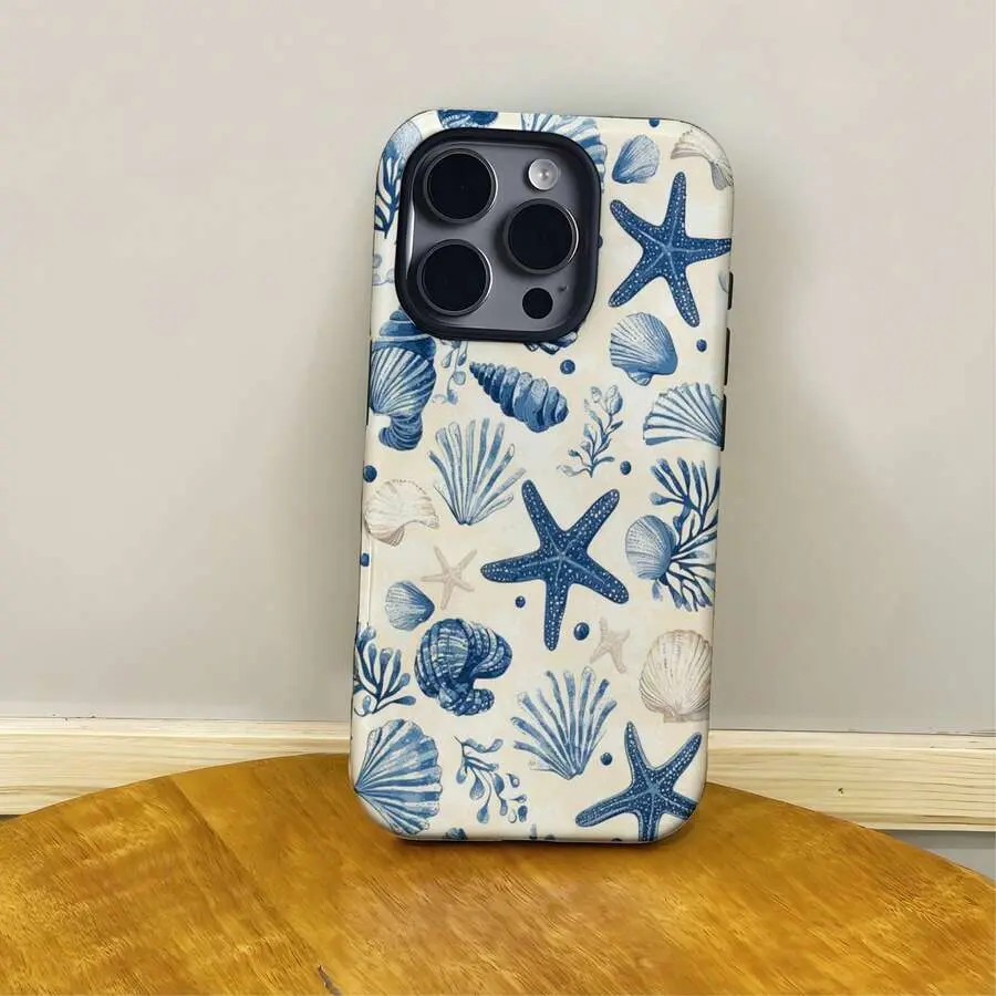 Nautical Coastal Beach TPU Phone Case with Blue Starfish and Seashells, Compatible with iPhone 17, 16, 15, 14 Plus, 13 Pro Max, 12, 11 Mobile Phone Accessories