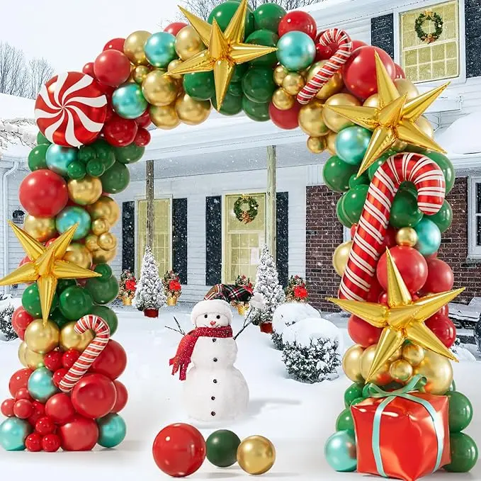 147Pcs Christmas Balloon Garland Arch kit with Xmas Red Metallic Green Gold Balloons Candy Balloons Gift Box Balloons Explosion Star Foil Balloons for Holiday Christmas Party Decorations