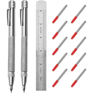 2 Pack Tungsten Carbide Tip Scriber Tool with 10 Refills 1 Ruler, Metal Scribe Scriber Marking Tools with ,  Etching Engraving Pen for Metal Sheet/Glass//Leather