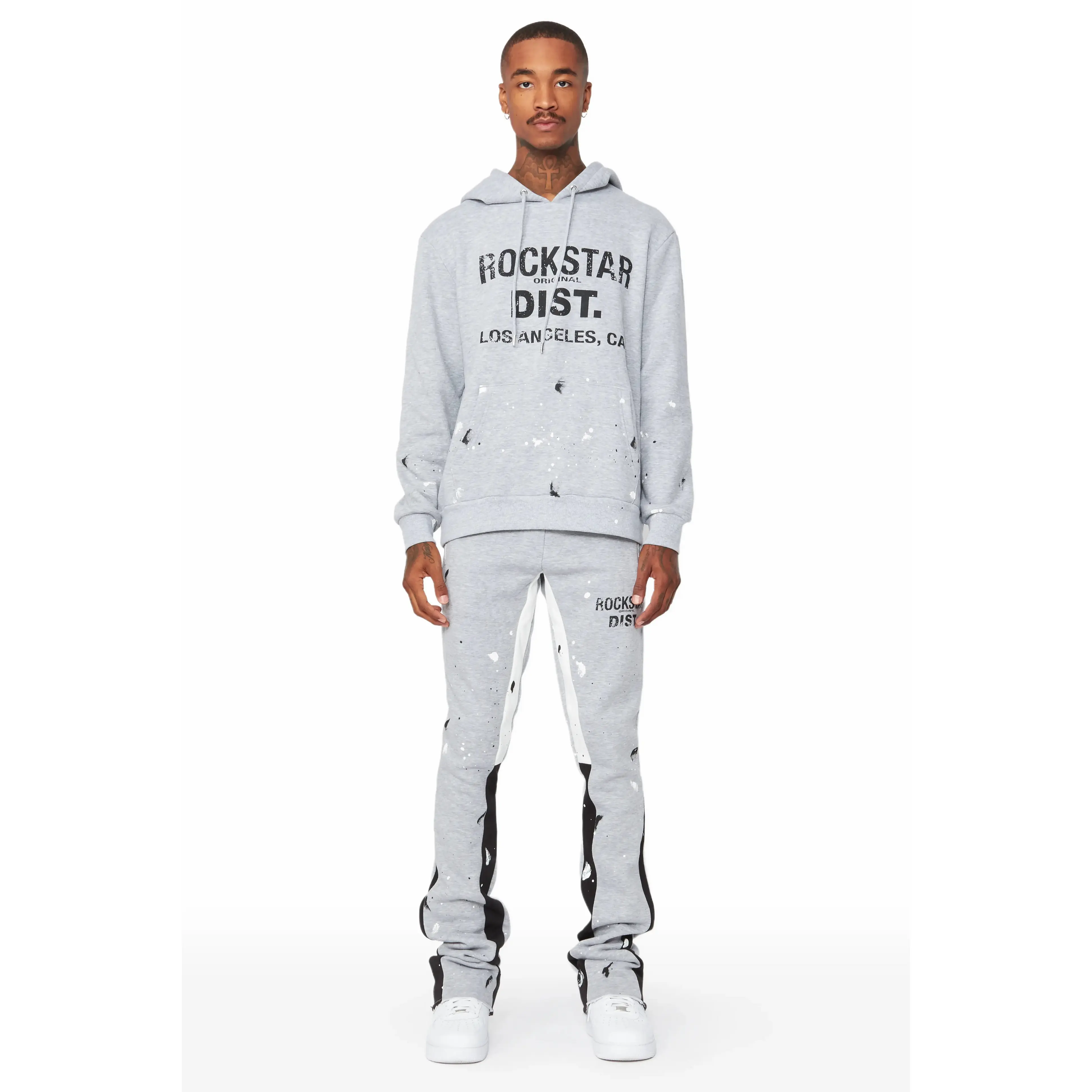 Scottie Heather Grey Paint Splatter Hoodie/Stacked Flare Track Set