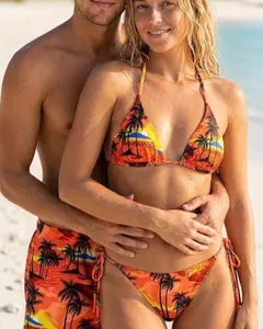 Tropical Sunset Couple Beach Outfits, Matching Summer Swimwear Set, Island Vacation Suit, Quick Dry Bathing Suit, Anniversary Gift for Her Matching Couple Swimwear Set