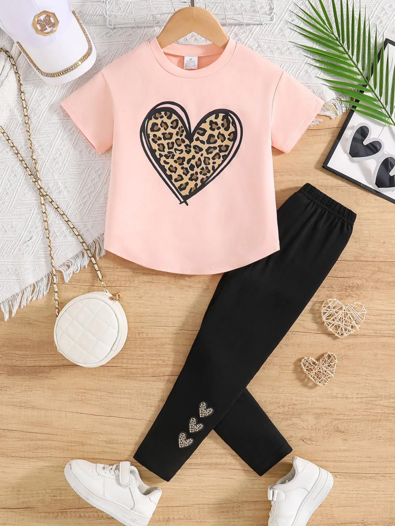 Girl's Heart Print Tee & Leopard Print Pants Set, Casual Short Sleeve T-shirt & Elastic Waist Trousers, Summer Clothes for Kids, Casual Outfit Set