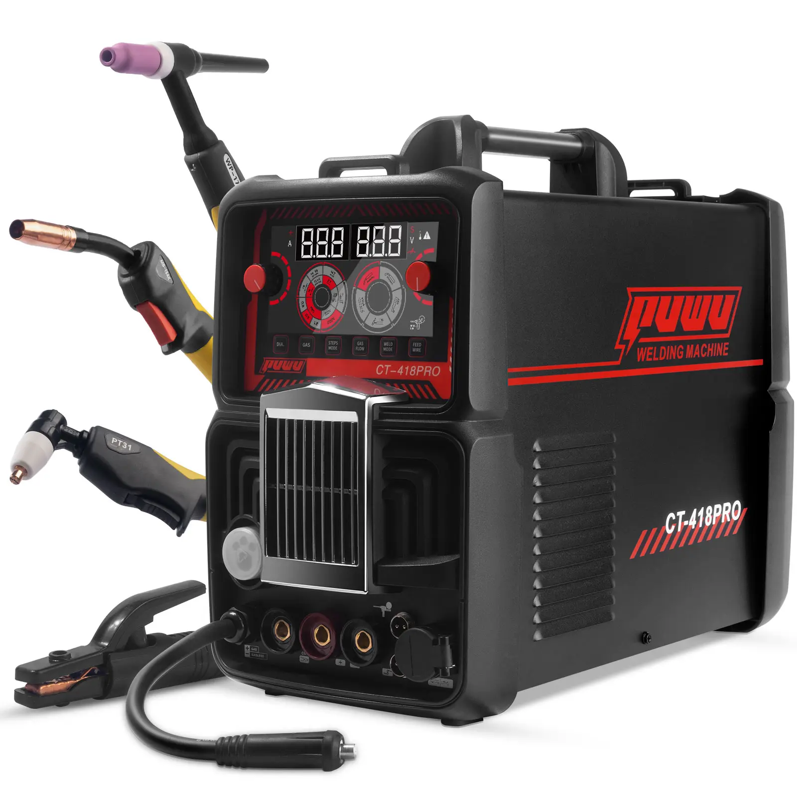 【DealsForYouDays】PUWU CT-418PRO Plasma Cutter Welder Gas MIG/Gasless MIG/HF TIG/Stick/CUT 5 in 1 Aluminum Welding Machine 110V/220V Dual Voltage IGBT Inverter LED Display MP200 Multi Process Welder with Accessories