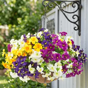 Artificial Hanging Flower Basket, 19 Inches Multi-Color Pansy Flowers, Coconut Shell Liner, Outdoor Garden Decoration, Valentine's Day Gift