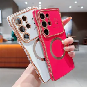 OREKROY【Freeship】Magnetic Case for Samsung S26 S25 Ultra Plus S24 S23 S22 ,Soft Wave Frame Curly Shape Cute Love Heart Plating Phone Case with Raised Camera Lens Protection,Compatible with MagSafe Wireless Charging, Shockproof Back Cover for Women Girls