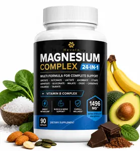 Magnesium Complex 24-in-1 Supplement – Multi-Source Magnesium Formula with Vitamin B Complex – Featuring Glycinate, Citrate, Malate, Taurate & More – 1496mg Per Serving – 90 Capsules