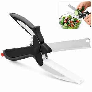 2 in 1 Kitchen Scissors for Food – Stainless Steel Blade & Plastic Cutting Board Scissors with Safety Lock | 9.6" Tomato Knife, Fruit & Vegetable Cutter – Easy-to-Use Kitchen Shears for Meat, Cheese,BBQ