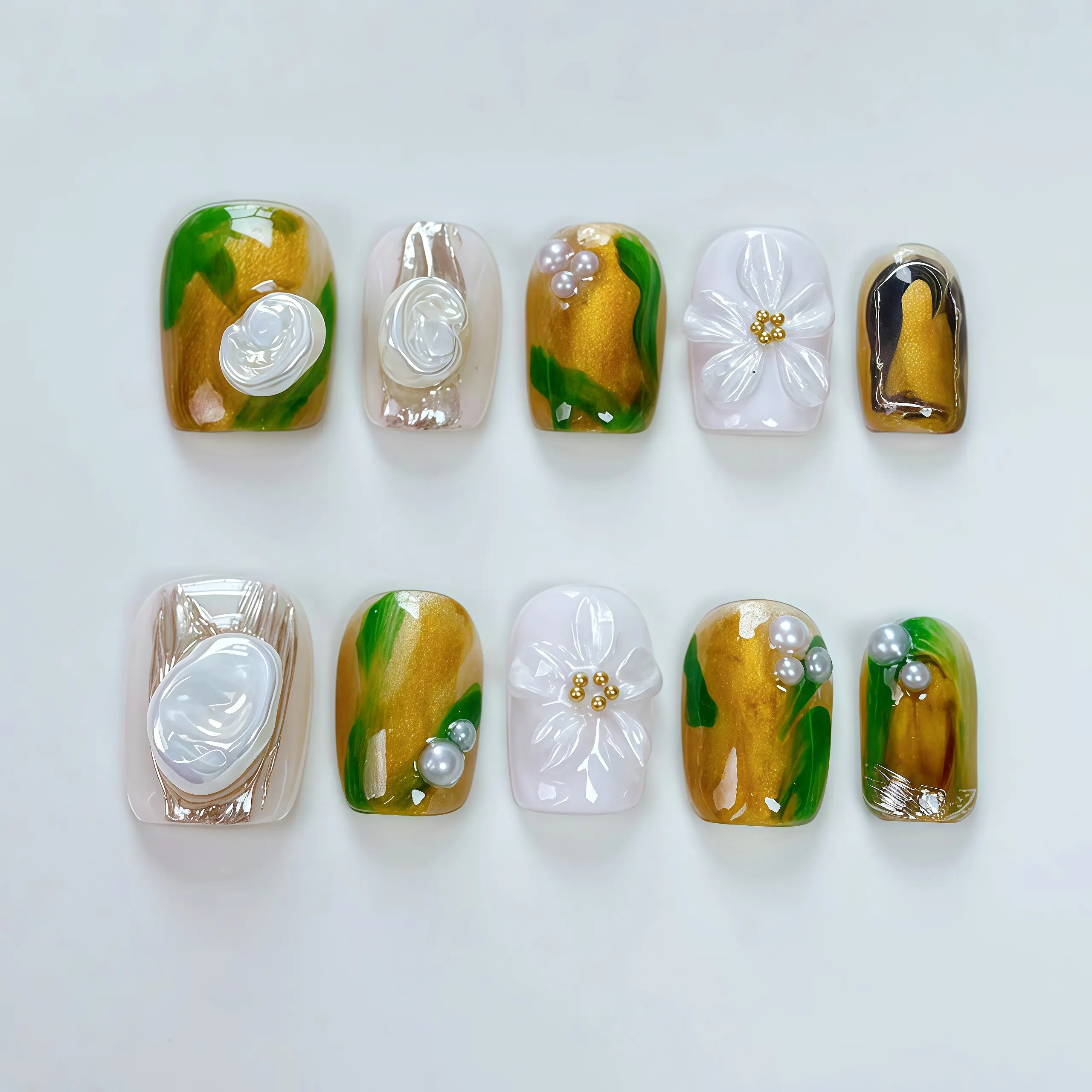 JC T101 Handmade Press-On Nail Kit, Reusable Glossy Acrylic Nails with French Tips - Almond & Coffin Shapes for a Lightweight Fashion & Beauty Look, Designs, Fingertips, Single Item
