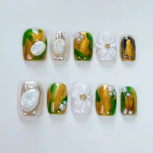 JC 2025 New T101 Handmade Reusable Press-On Nail Kit - Beauty Single Item with Almond-Coffin Shapes, Thick Glossy Acrylic French Tips, Flower Designs, Easy Application, Lightweight Fingertip Fit