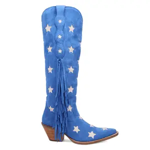 Dingo Womens Super Star Fringe Tooled-Inlay Snip Toe Pull On Casual Boots Over the Knee Mid Heel 2-3" - Blue