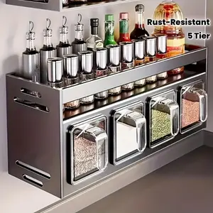 3/4/5 compartment seasoning container kitchen storage rack, cabinet organization, large spice rack, cabinet organization, kitchen organization, large capacity, pull-out seasoning rack, essential for kitchen storage, no drilling required