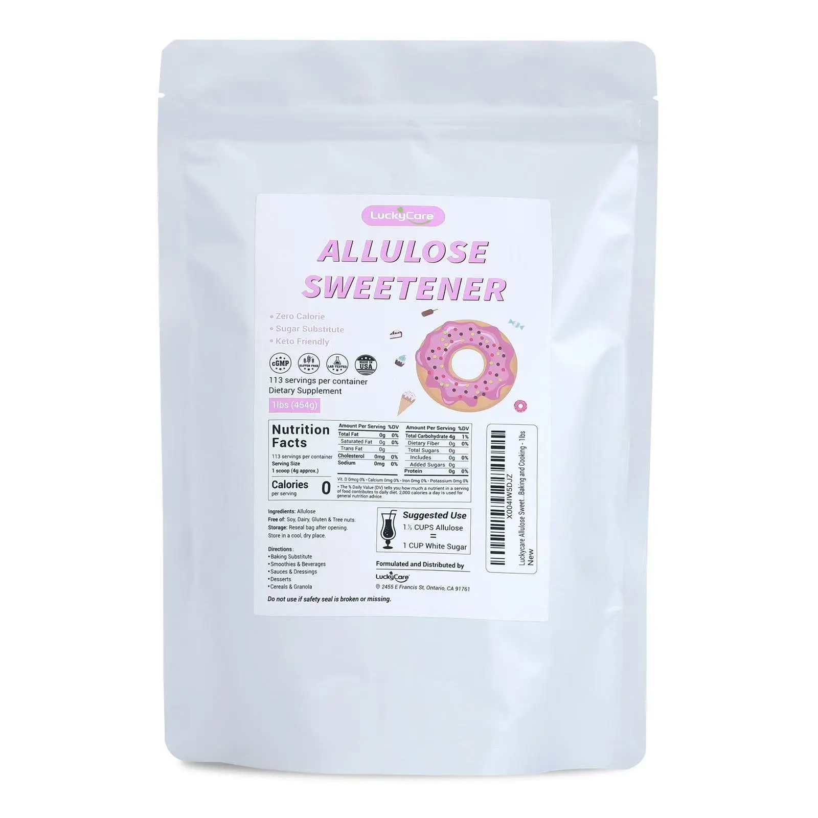 Luckycare Allulose Sweetener - Natural Zero Calorie Sugar Substitute - Powdered Sweetener for Baking and Cooking - 1lbs (454g) - 113 Servings - Flavor