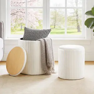 Set of 2 Round Storage Ottoman, Velvet Vanity Stool with Footrest & Coffee Table Function, Stackable Design for Bedroom & Living Room, 300lb Capacity