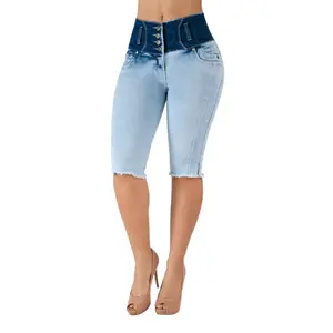 Tiki Jeans Women's High Waist Blue 2-Tone Heart Butt-Lifting Stretchy Capri Style Jeans for Ladies, Skinny Slim Fit Lightweight Comfortable Fabric, Button Closure, Pocket Bottoms, Bottom