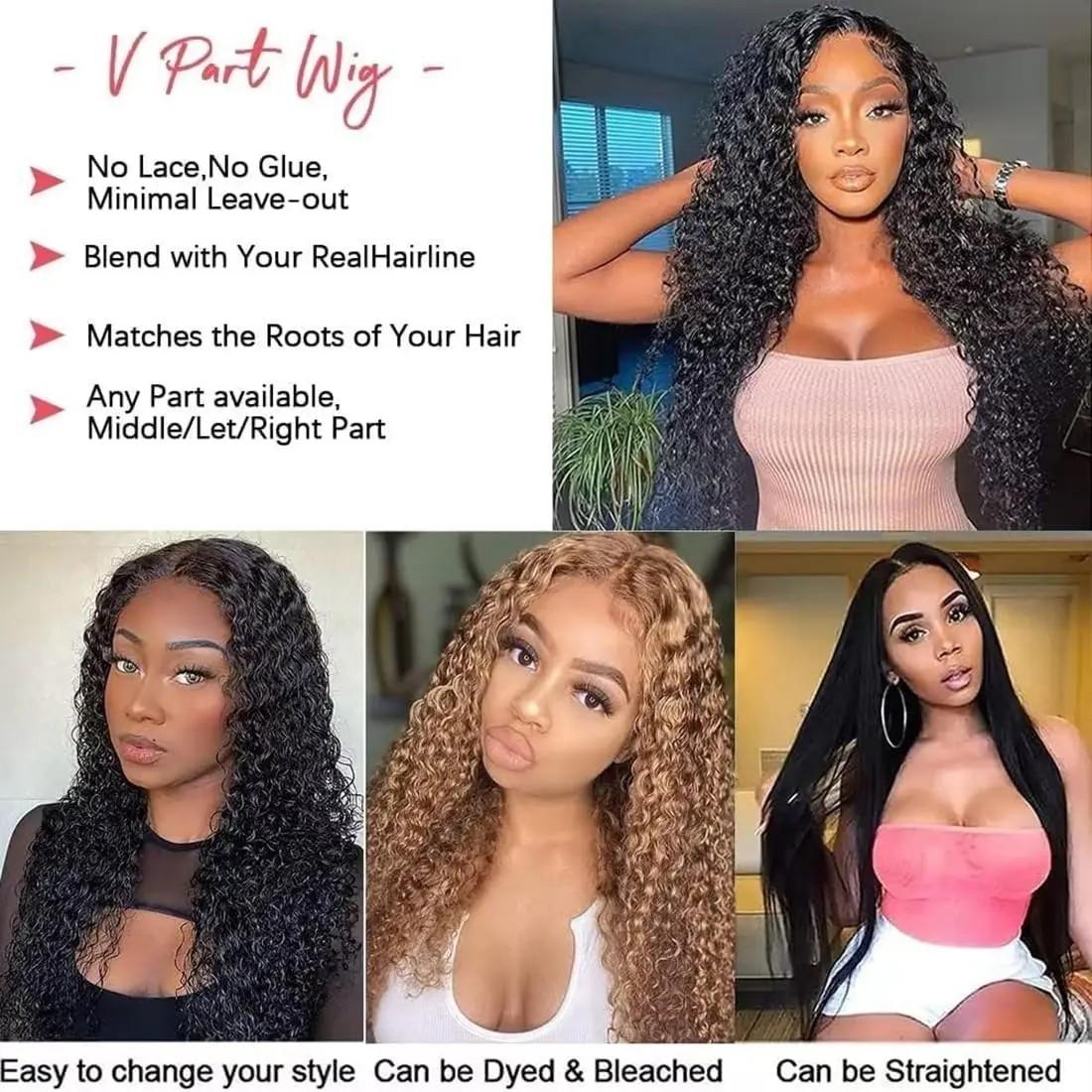 Bling Hair Deep Wave With Drawstring V Part Wigs Beginner Friendly No Leave Out Real Scalp Ready to Wear Glueless Wig 100% Human Hair 180% Density Curly Wigs For Women