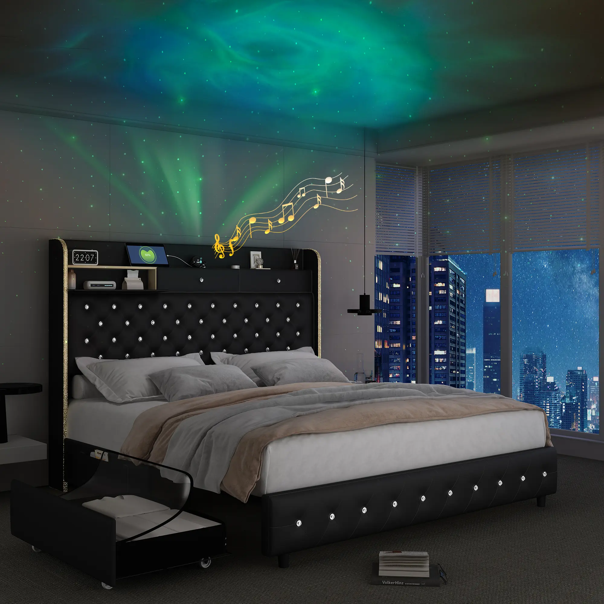 [Deals for You Days] SIBEDS LED Bed Frame with Galaxy Aurora Projector, 52" Diamond Tufted Upholstered Headboard, Charging Station & 2 Storage Drawers, Noise-Free Platform Bed, No Box Spring Needed, Flash Sale Home Items, Queen Size