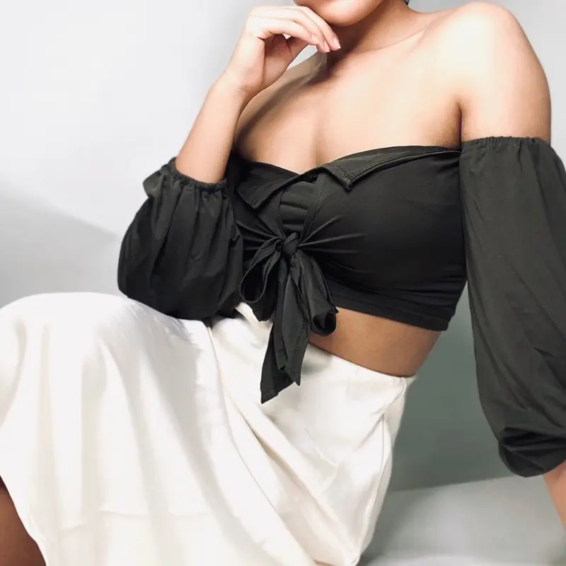 Women's Orange Off Shoulder crop Top with Tie Front Design and Puff Sleeves
