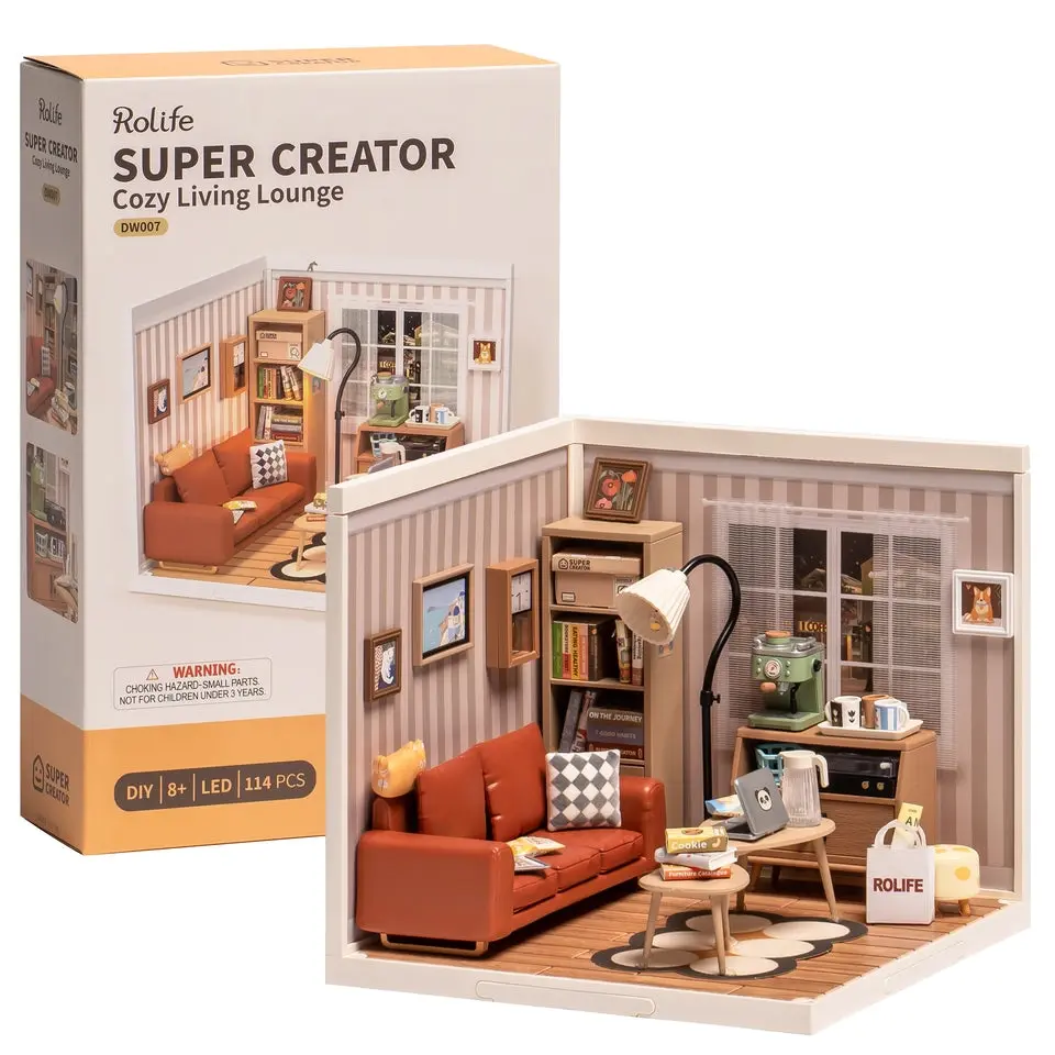 Robotime Rolife 3D Puzzle Miniature House Kit - Cozy Living Lounge Plastic DIY Miniature House Building Blocks