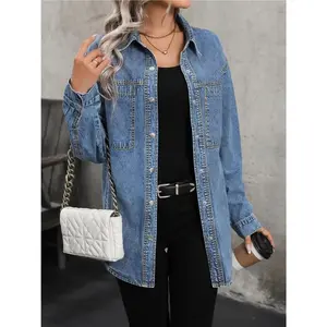 Plus Size - [Denim Print/Imitation Denim] Large Size Women'S Elegant Denim Style Shirt Casual Jacket Long Sleeved