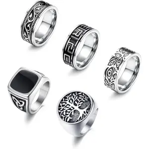 FLORIDECO 5Pcs Stainless Steel Rings for Men Greek Signet Thumb Silver Retro Celtic Band Vintage Biker Set High-Quality Durable Unique Design