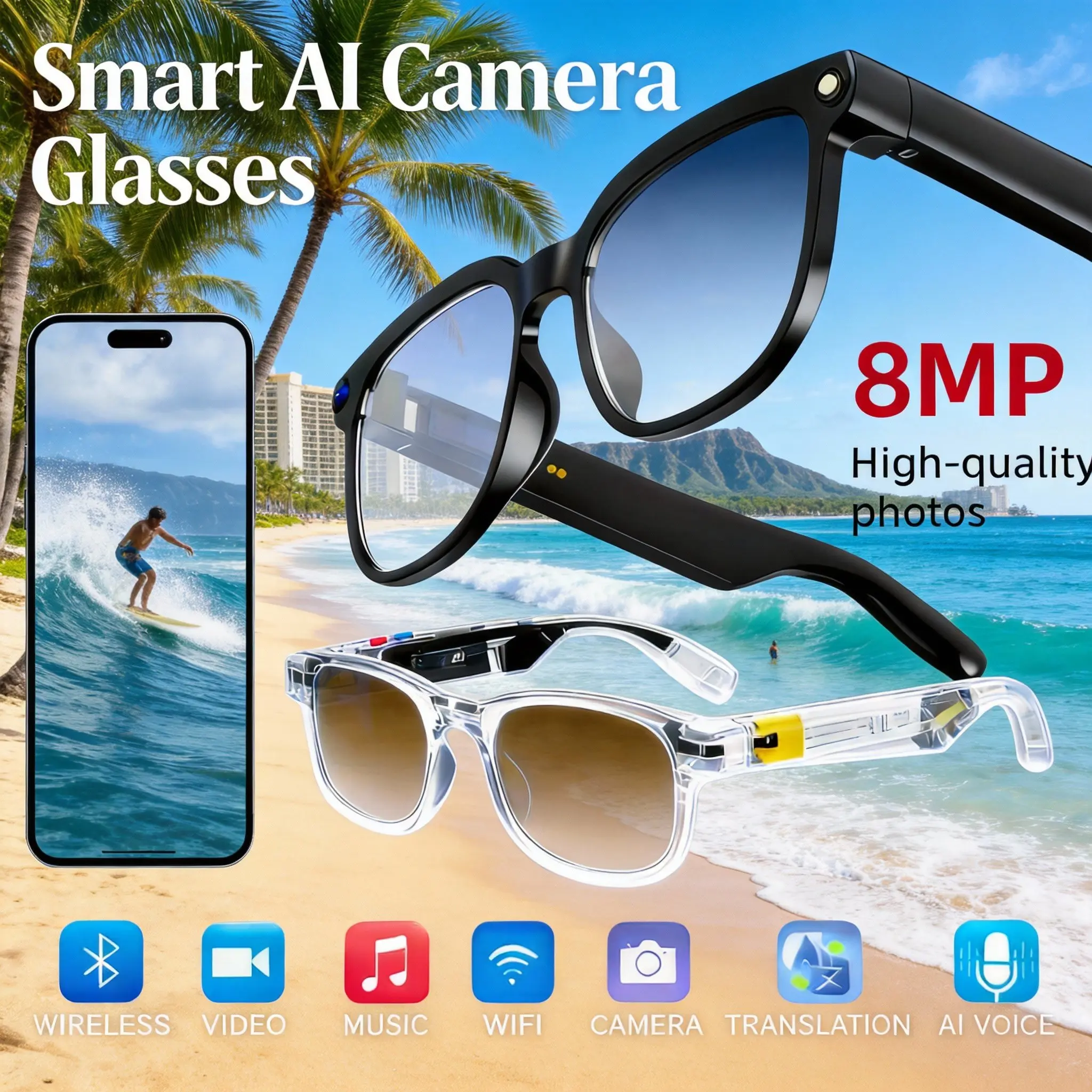 ZBORH Smart Al Camera Glasses 8MP | Auto Photochromic UV Protection | Hands-Free Video Recording for Travel Hiking | 160+ Multilingual Real-Time Translation | 32gb of super large storage space Wearable
