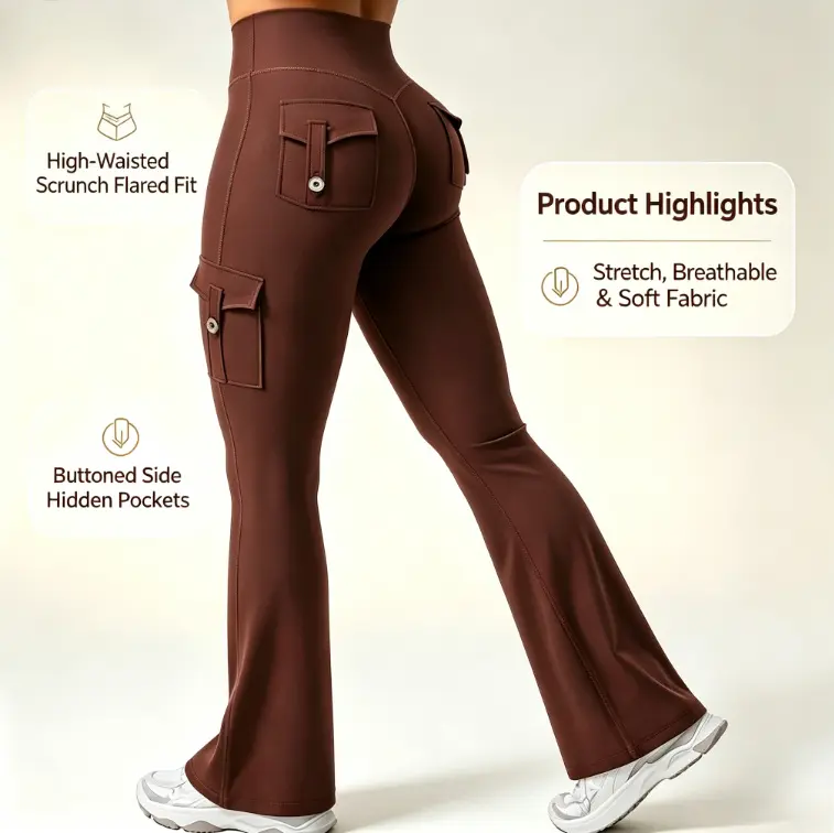 2026 New Shaping Comfortable Sports Pants, Cargo Pocket Yoga Pants, Women's Flared Pants Hip-Lifting Sports Tight Fitness Pants, Slightly Flared Yoga Pants