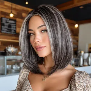 SMILCO 14'' Hybrid Lace Front Ombre Brown Ash Platinum Short Straight Synthetic Wig SM1689 Modern Look Natural Hairline Contemporary Design