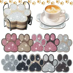 10pcs/set DIY Paws Diamond Art Coasters with Holder, Crystal Rhinestone Diamond Painting Coasters for Drinks, Size 3.94inch/10cm Wooden Desktop Art Coasters, Suitable for Home Office Coffee Shop Restaurant Cup Decoration, Great Christmas Gifts for Friends