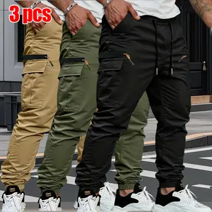 3-Pack Men's Cargo Pants, Fake pocket with decorative zipper, Lightweight Summer Joggers, Multi-Pocket Elastic Drawstring Waist, Solid Color Regular Fit Trousers for Daily Casual, Running, Workouts & Outdoor Activities