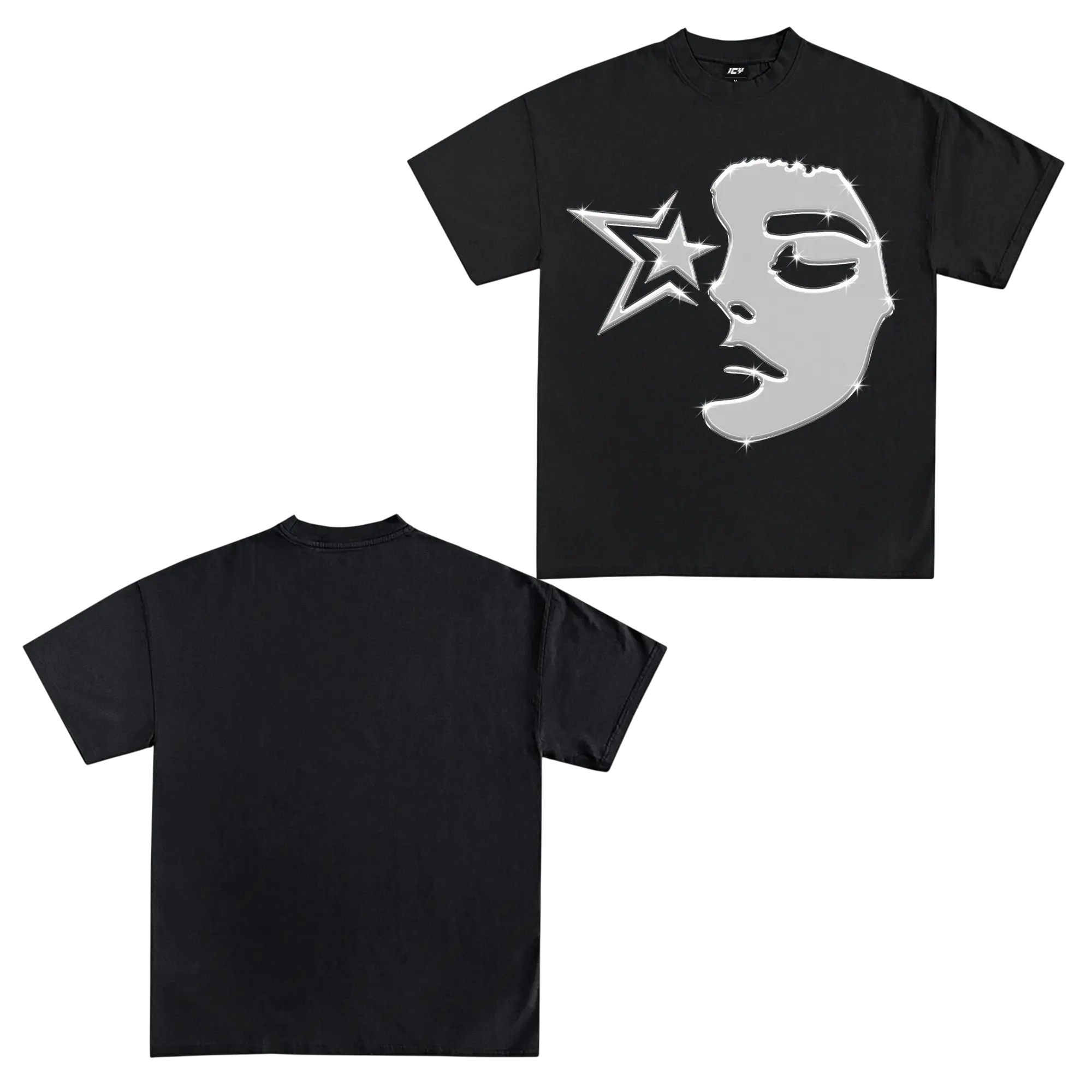 Chrome Face Star Graphic T-Shirt, Y2K Metallic Mask Tee, Futuristic Streetwear Shirt, Cyber Aesthetic Oversized Graphic Tee