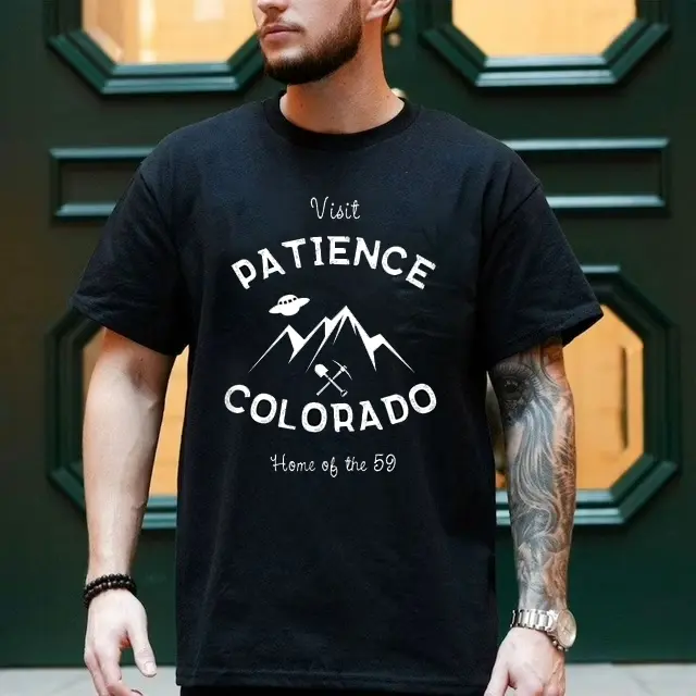 Women's Casual Graphic T-Shirt, Distressed Cotton Short Sleeve Top with Round Neck, Resident Alien 'Visit Patience Colorado' Print, Shortsleeve, Tshirt, Vintage