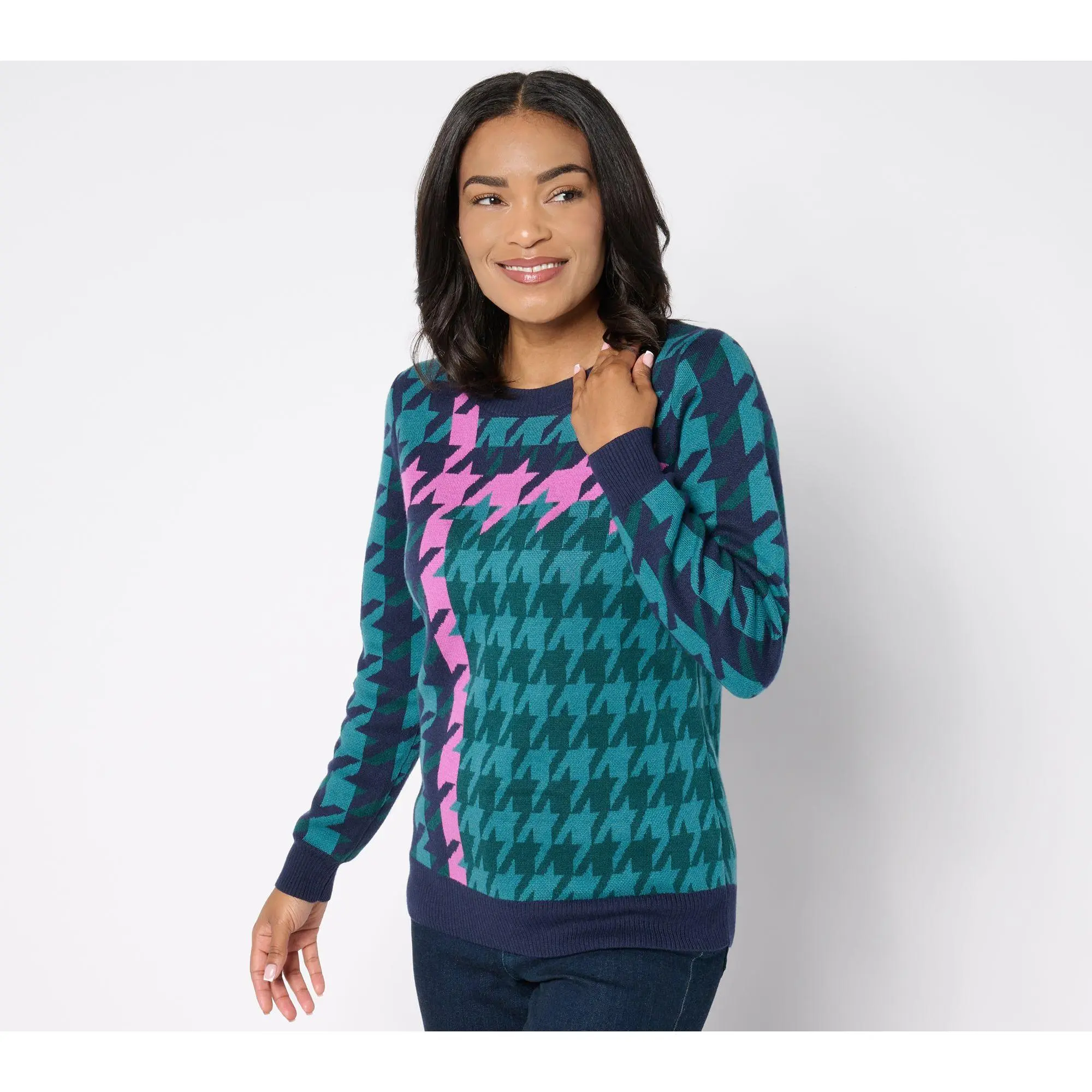 Denim & Co. Signature Houndstooth Placed Jacquard Sweater