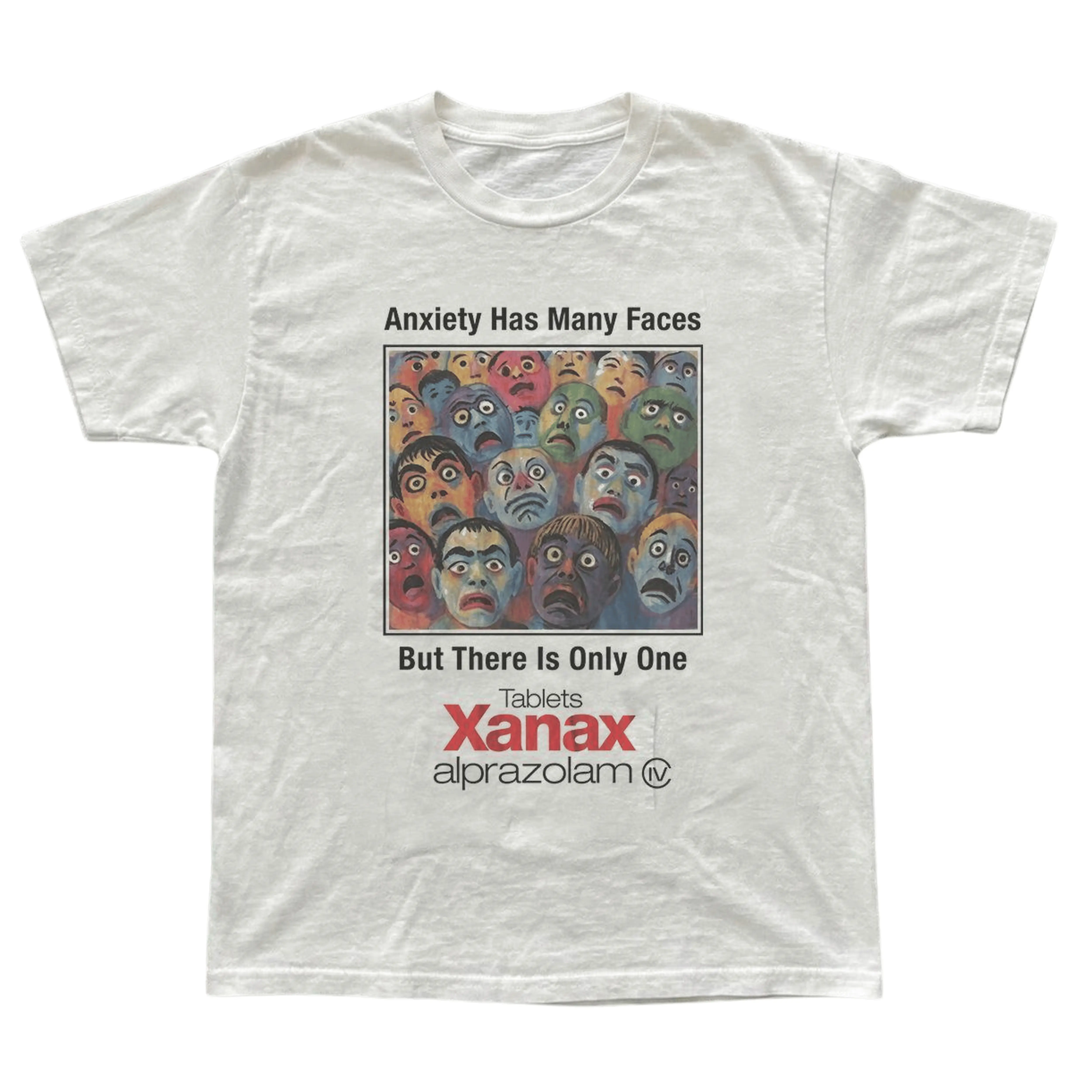 Gildan Men's White T-shirt, Vintage Style Style Xanax "Anxiety Has Many Faces" Seamless Graphic Tee, Gift for Him, Vintage Medical Ad, Pharma Meme Shirt, Sarcastic Mental Health, Men Streetwear Fashion, Trendy Oversized Top, Edgy Graphic Tee, Cool Top