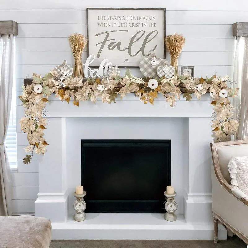 Thanksgiving Maples Leaf Pumpkin Berry Garland, Fall Garland Mantle Fireplace Autumn Halloween Farmhouse Light Faux Ornaments