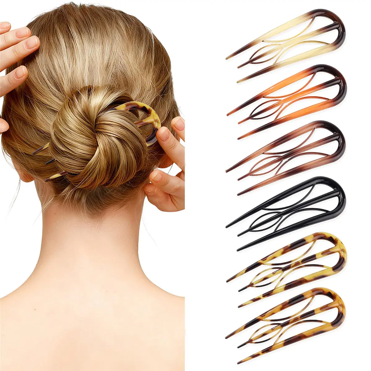 AWAYTR  6Pcs French Hair Pins for Women Elegant U-Shaped Hair Fork for Updos Chignons & French Twists Durable Acrylic Hair Pins Secure Styling for All Hair Types