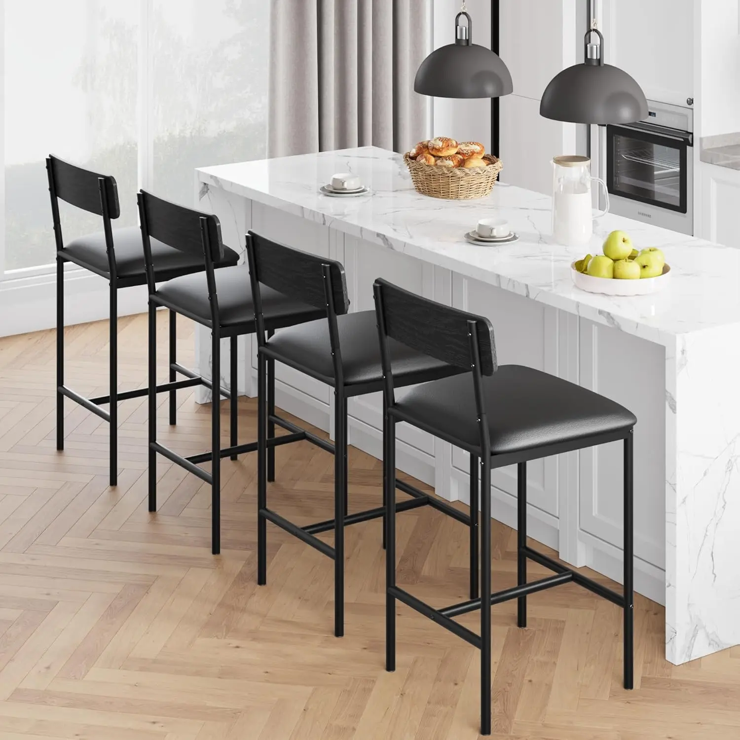 Set of 4 Bar Stools,Thick Padded Seats & Back Support  25.5" Comfort Height | Footrest + 10-Min Assembly  Kitchen Island MUST-HAVE!