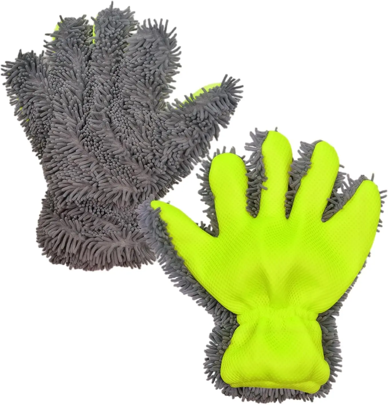 A microfiber Chenille car wash glove - a premium scratch free elastic fur style cleaning glove with high absorption, dirt grabbing, and finger separation characteristics, suitable for cars SUV、 Truck (gray and green), washable