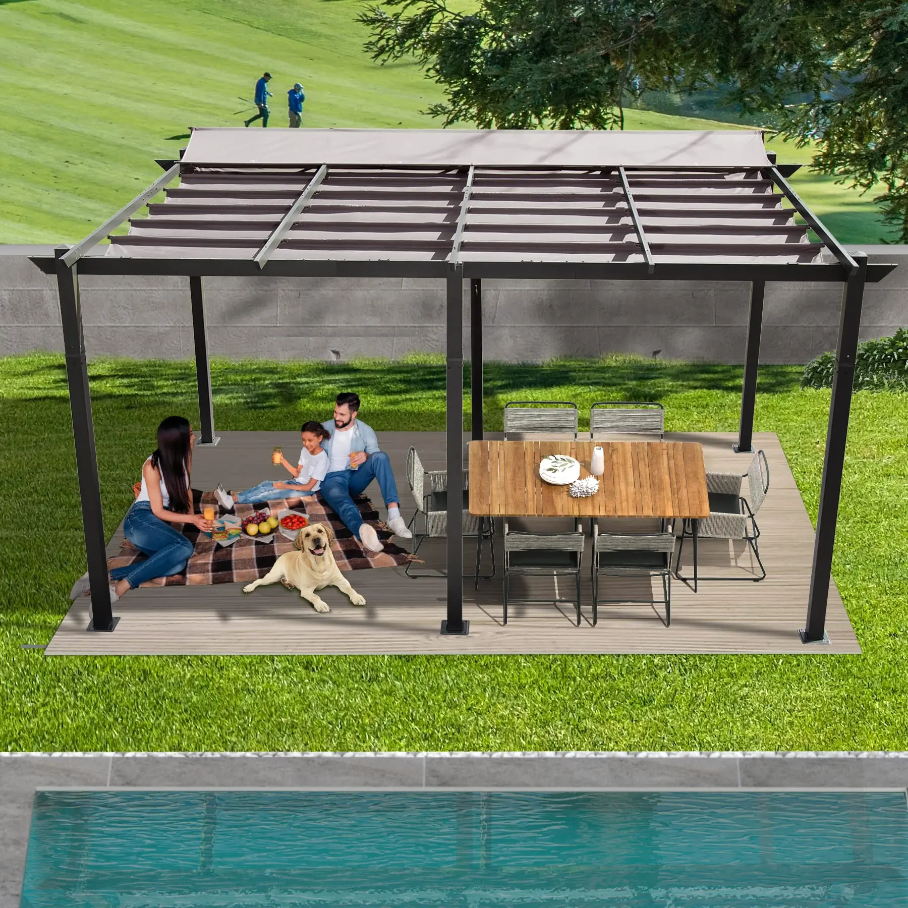 11x16 FT Aluminum Frame Canopy Outdoor Retractable Pergola, Adjustable Weather-Resistant Canopy for Courtyard Use - Dark Gray, Adjustable Canopy
