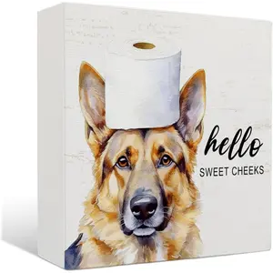 German Shepherd Bathroom Decor - Hello Sweet Cheeks Bathroom Decor, Funny German Shepherd Gifts Wooden Box Sign, Bathroom Decorations, 5 X 5 Inches Home Decor