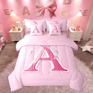 Pink Bow Bed Set,Gifts for Women Teen Girl,,Decor Monogrammed 7 Pieces Beeding Set,Ultra Soft Personalized Initial A Bed in a Bag with Comforter,Sheets,Pillowcases Fashion
