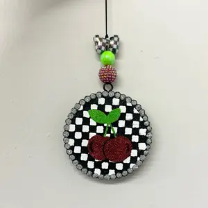 Checkered Cherry Car Freshie - Colorful Pendant with Cherry, Black & White Checkerboard Background, Hanging Design