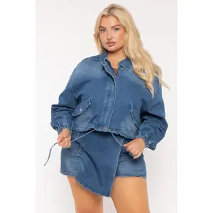 Plus Size Sheila Drawstring Denim  Jacket  -Blue