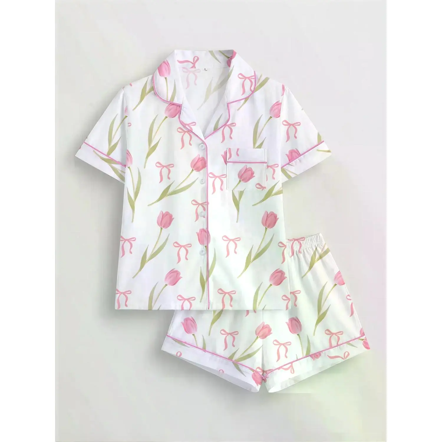 Women's Tulip Bowknot Print Soft Pajama Set, Short Sleeve Button-Up Top & Elastic Waist Shorts, Casual Home Loungewear for All Seasons