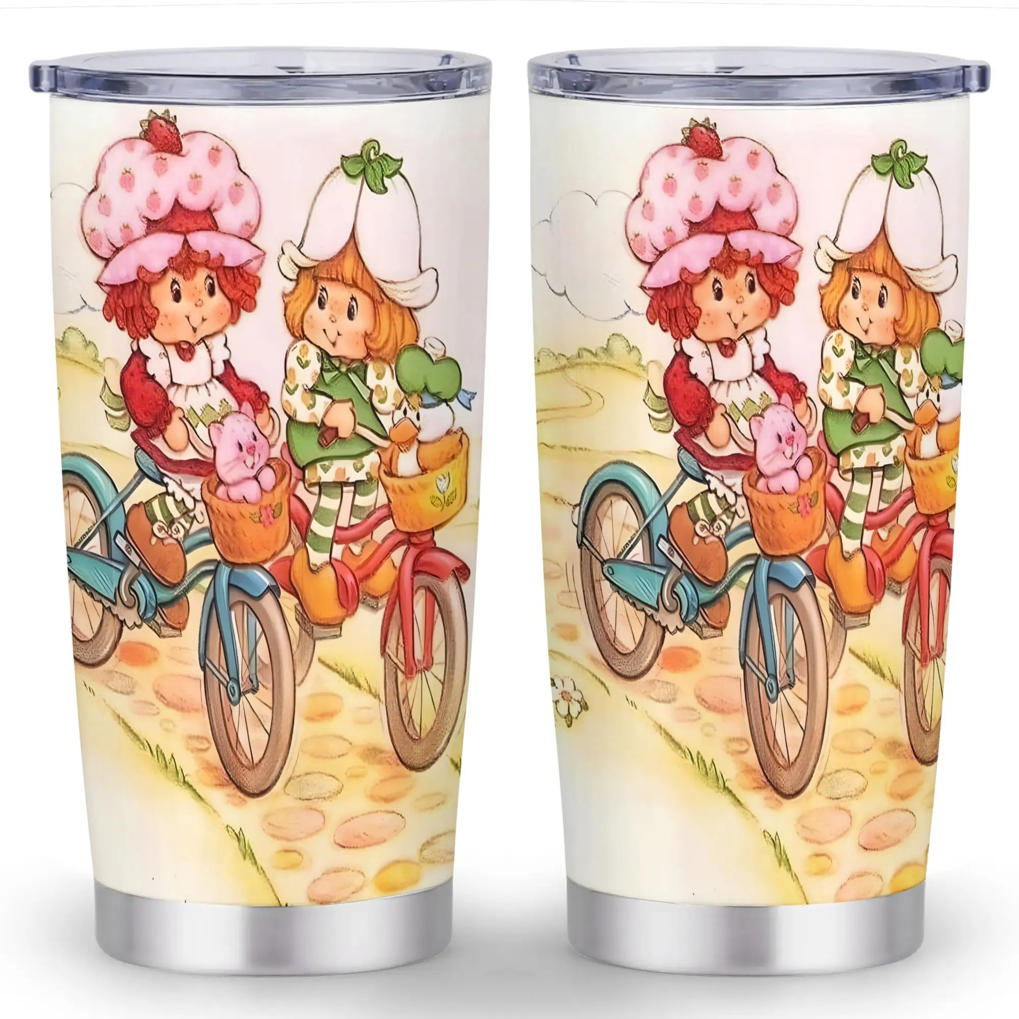 1pc 20oz Strawberry Cup with Lid - Leak-Proof 304 Stainless Steel Tumbler, Cute Strawberry & Hearts Balloons Lid,  Strawberry Shortcake Characters - Reusable Coffee Travel Mug for Birthday, Valentine's, Christmas Gifts