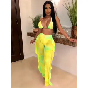 Trendy Two-Piece Set - Crop Halter Top with Adjustable Straps & Fringe Hem Pants - Sexy Tie-Dye Print, Matching Outfit for Women, Comfortable and Stylish Clothing