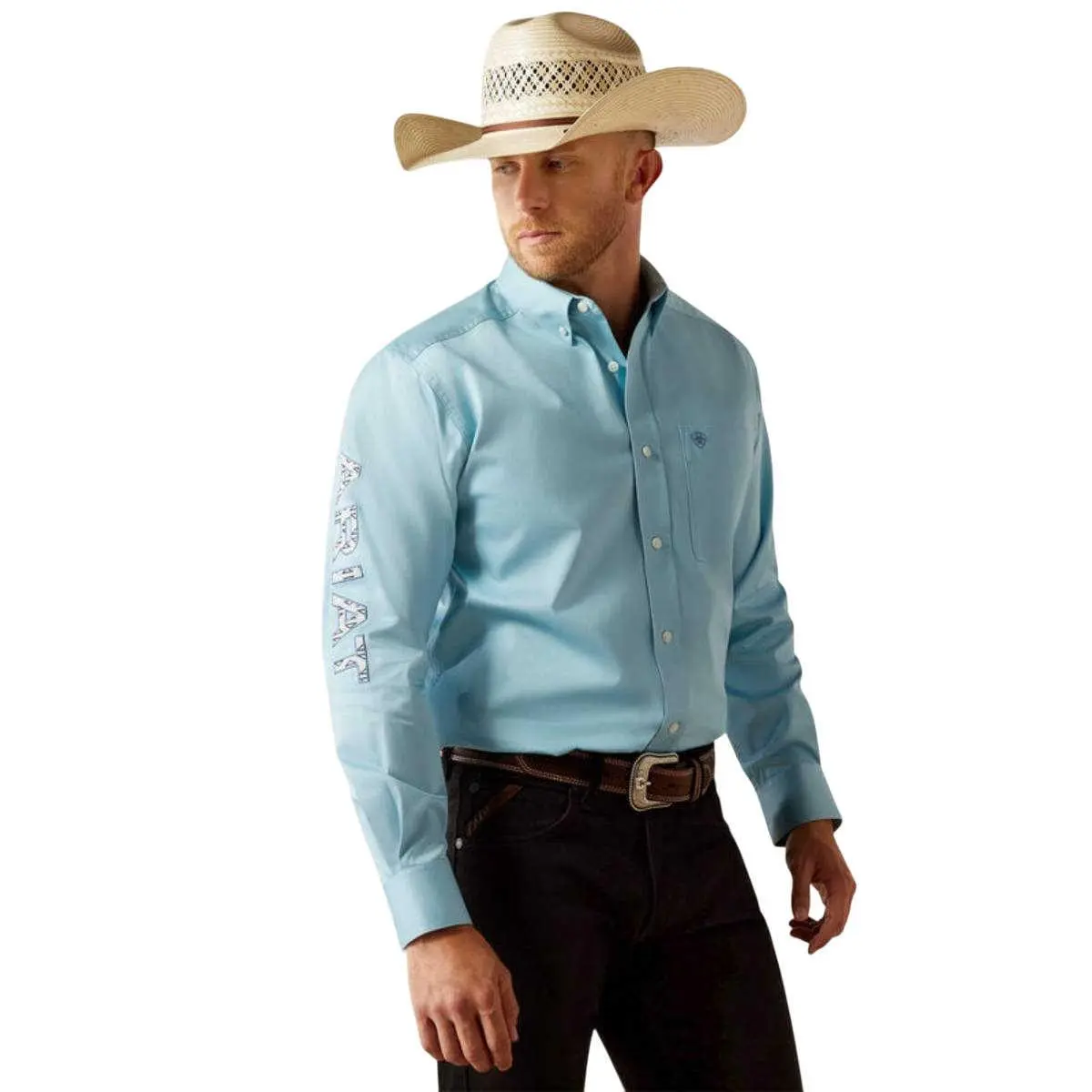 Ariat Men's Team Logo Twill Classic Fit Light Blue Long Sleeve Shirts