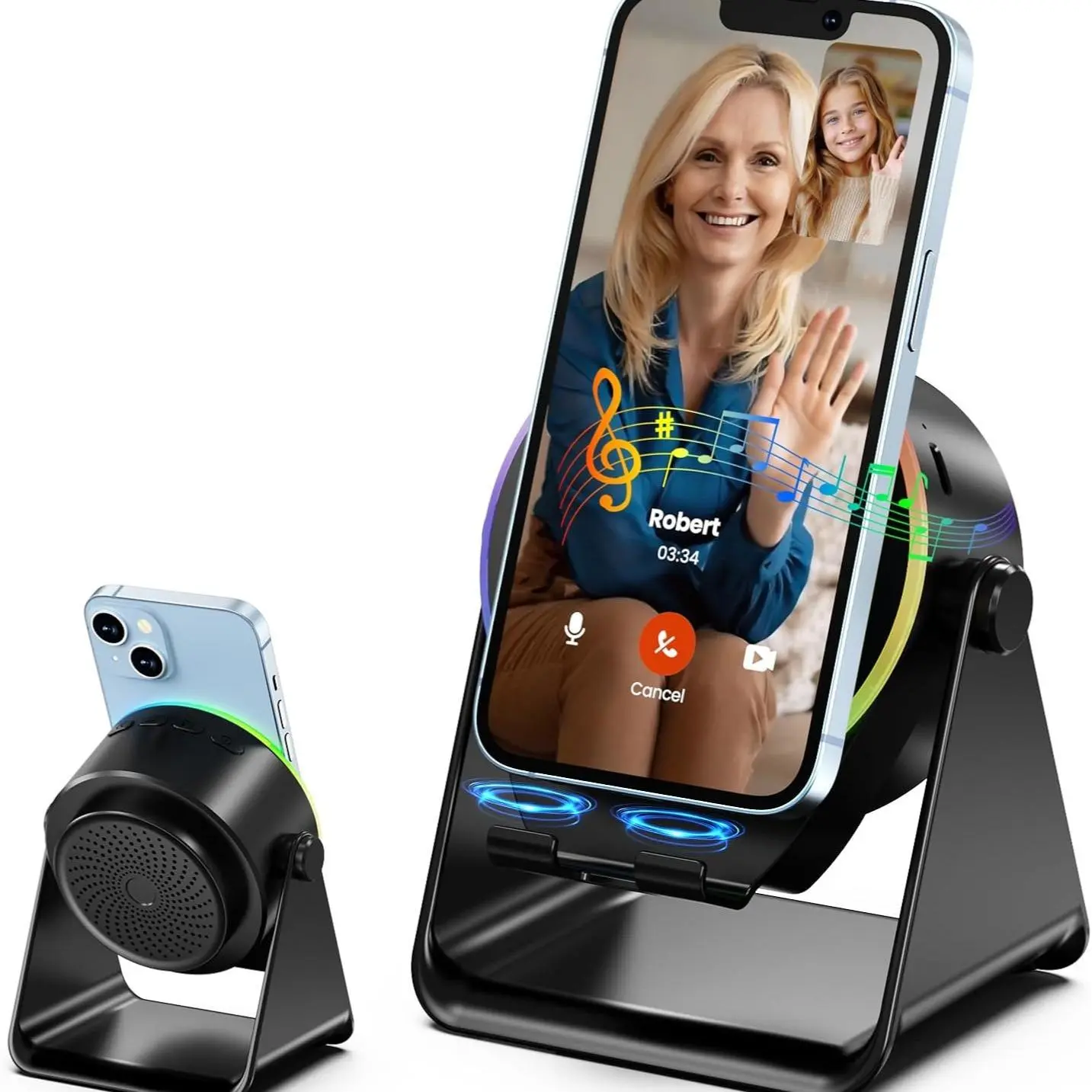 5-in-1 Multifunctional Bluetooth Connectivity Speaker - 2-in-1 Mini Portable Cellphone/Mobile Adjustable Mount Stand, Wireless Audio Induction, Wireless Charging, 360° Rotating Holder, Colorful RGB Lights, Amplifier for iPhone/Android Devices