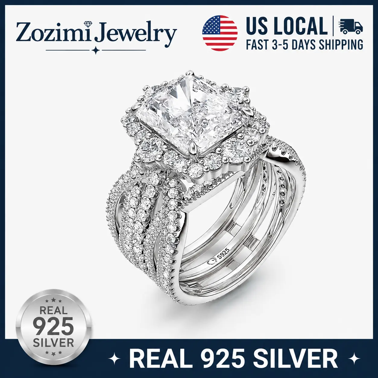 S925 Sterling Silver 5.2CT Radiant Cut Halo Wedding Ring Set 2Pcs Bridal Stackable Engagement Band Twisted Split Shank Full Paved Cubic Zirconia Promise Rings Jewelry Gift For Bride Anniversary Valentine