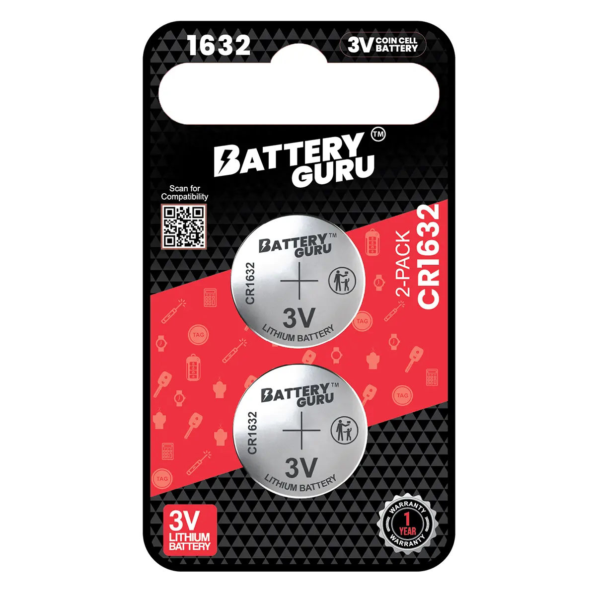 BatteryGuru Car Key Batteries CR1632 3V (Pack of 2) Durability