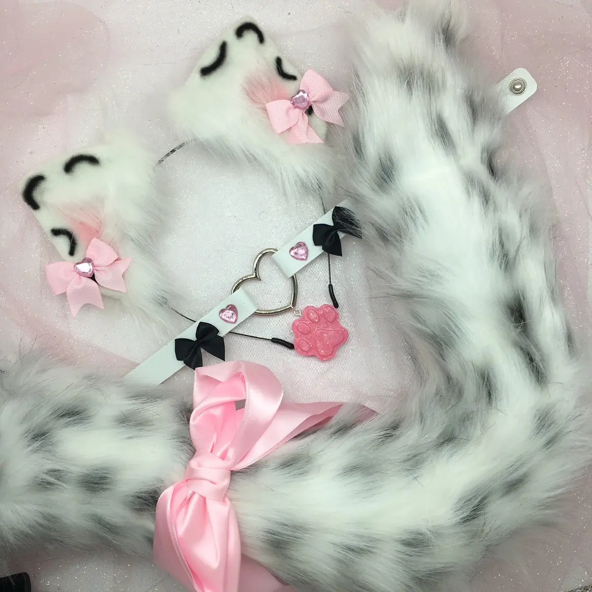 White black ear necklace Halloween costume kawaii
